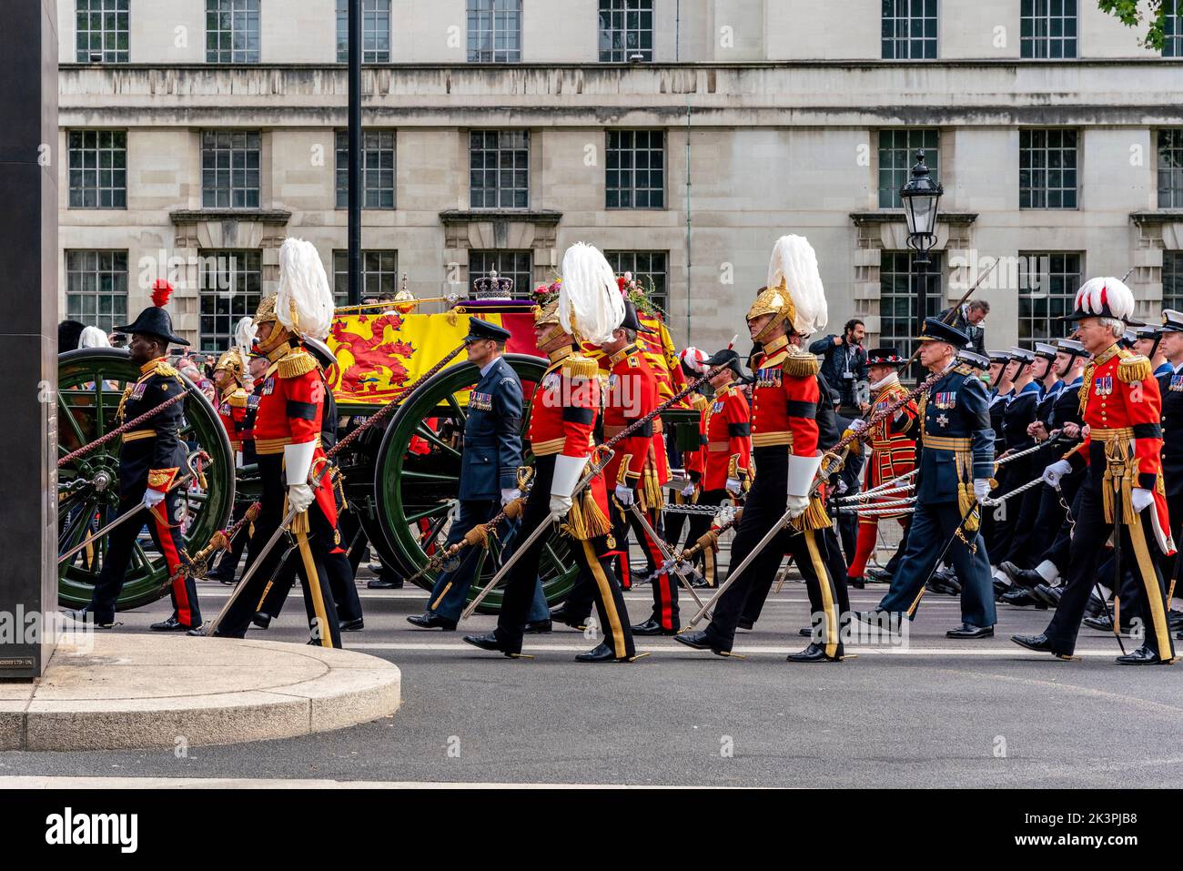 The Funeral Procession Of Queen Elizabeth II Travels Up Whitehall On