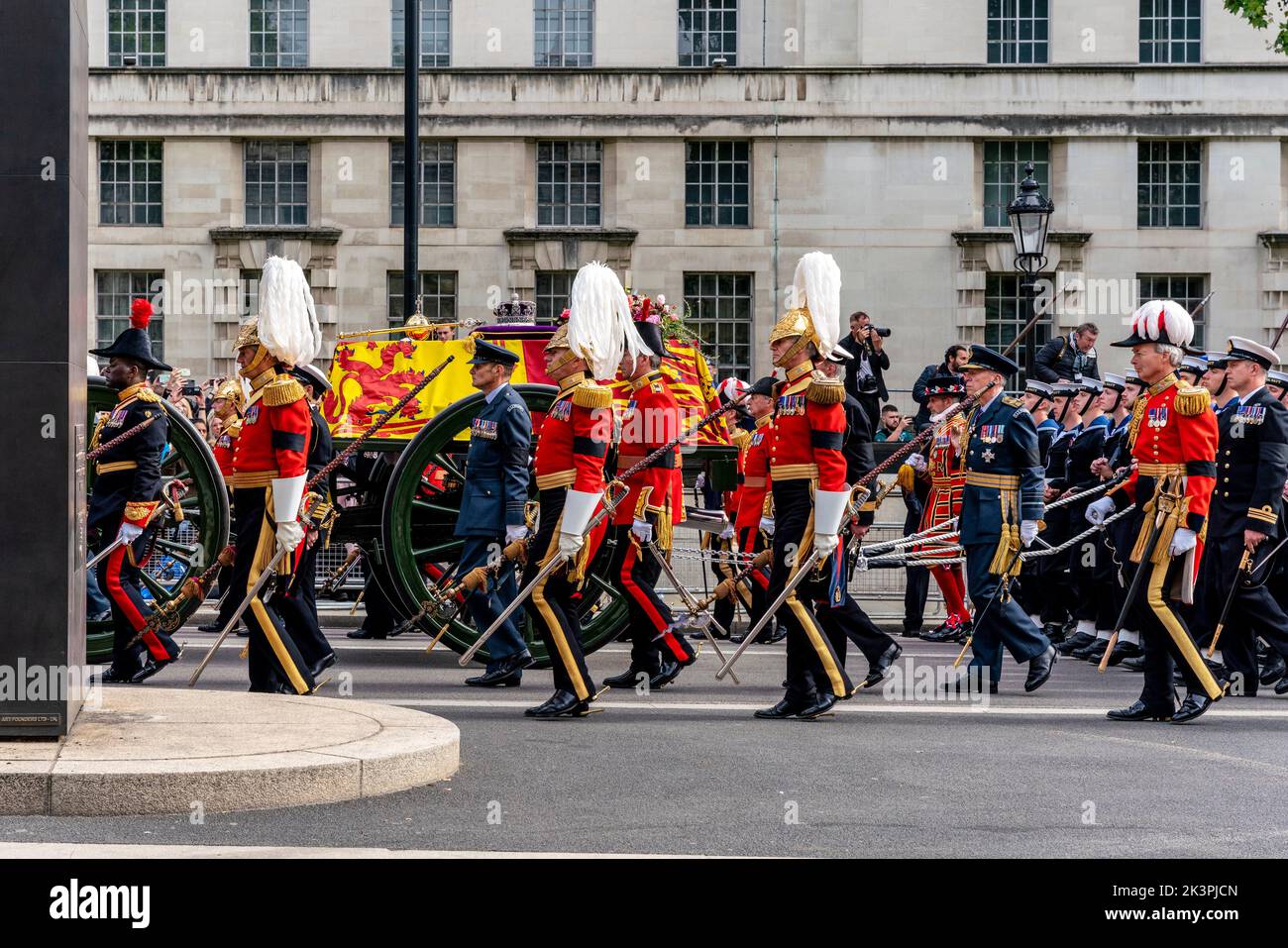 The Funeral Procession Of Queen Elizabeth II Travels Up Whitehall On