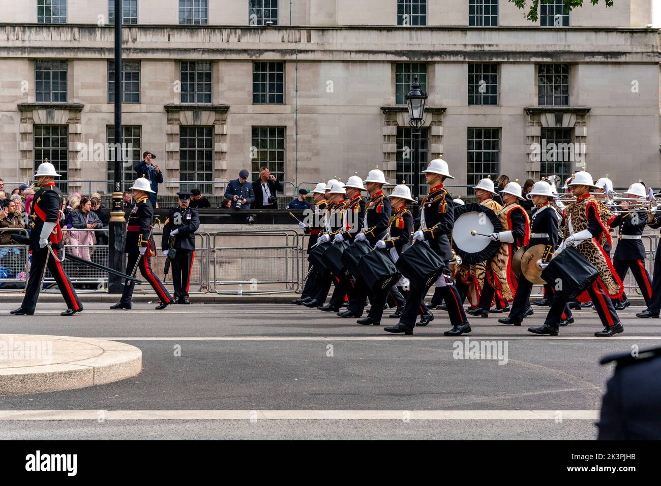 The Royal Marines Band Take Part In The Queen Elizabeth II Funeral Procession, Whitehall, London, UK. Stock Photo