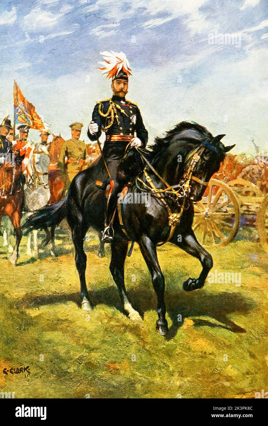 King George V of the United Kingdom (1865-1936), reign (1910-1936), on horseback, equestrian portrait illustration by Christopher Clark, 1911 Stock Photo