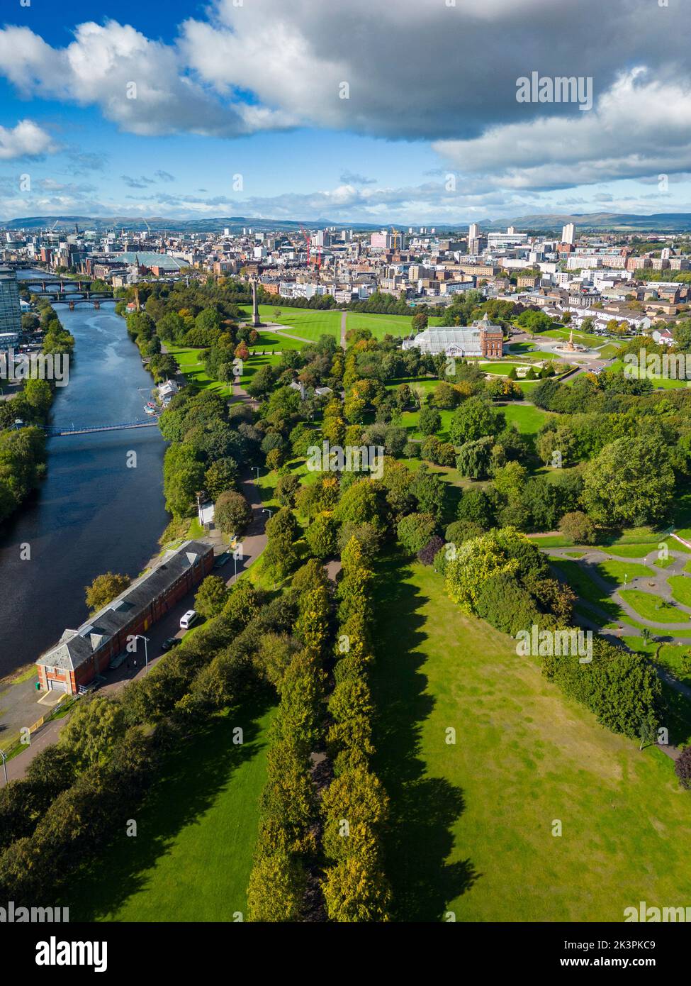 Aerial view of Glasgow Green park beside River Clyde  in Glasgow, Scotland, UK Stock Photo