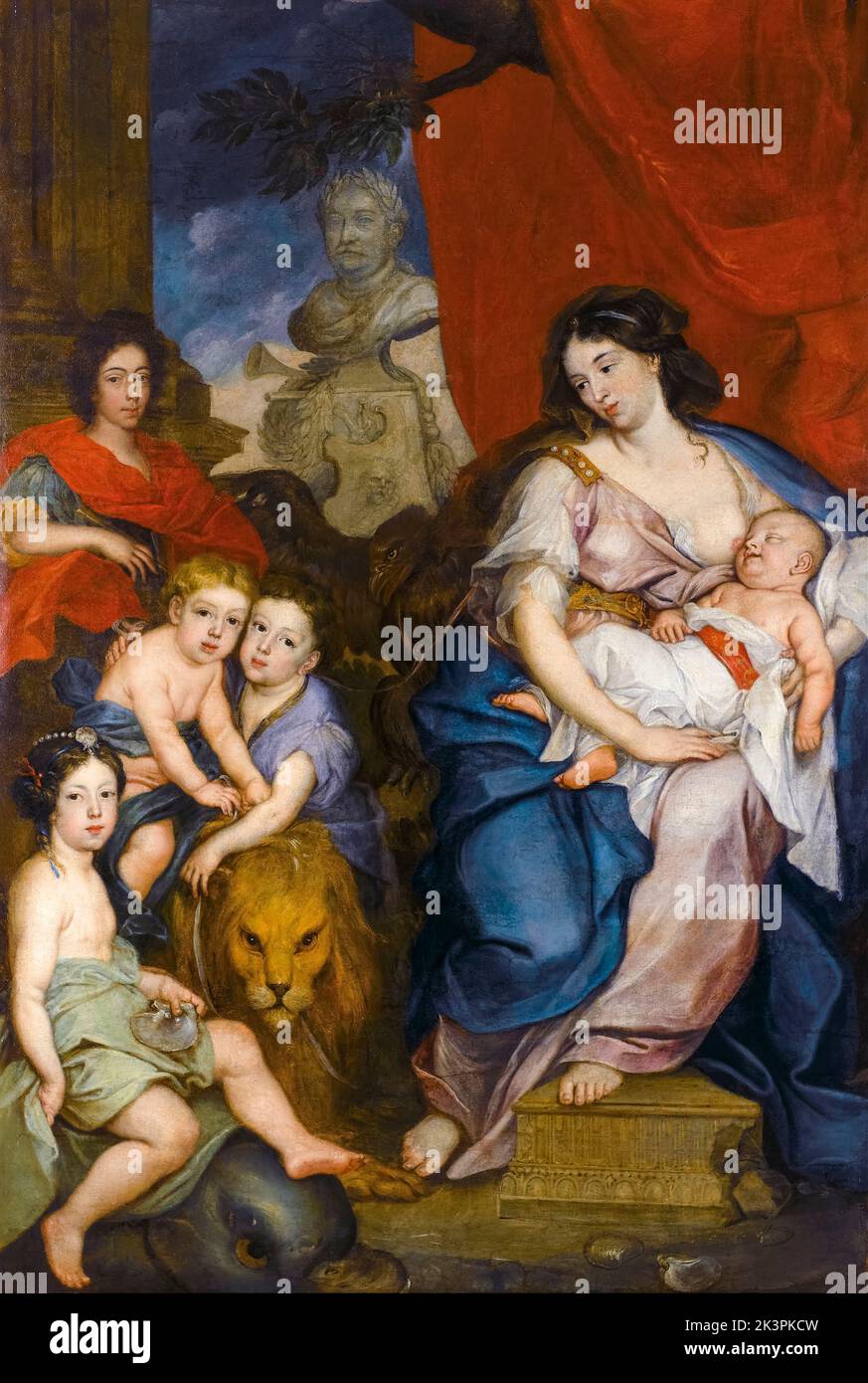 Marie Casimire (1641-1716), Queen Consort of Poland and Grand Duchess Consort Of Lithuania (1674-1696) with children, portrait painting in oil on canvas by Jerzy Eleuter Szymonowicz Siemiginowski, 1684 Stock Photo