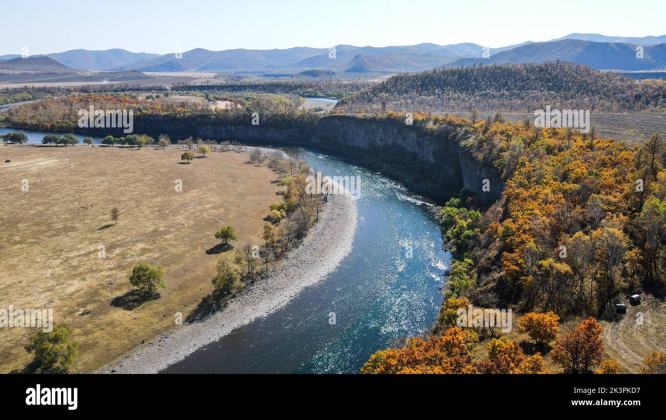 Zhalantun. 27th Sep, 2022. Aerial photo taken on Sept. 27, 2022 shows autumn scenery at Shidawan scenic spot in Chaihe Town, Zhalantun City of north China's Inner Mongolia Autonomous Region. Credit: Wang Zecong/Xinhua/Alamy Live News Stock Photo