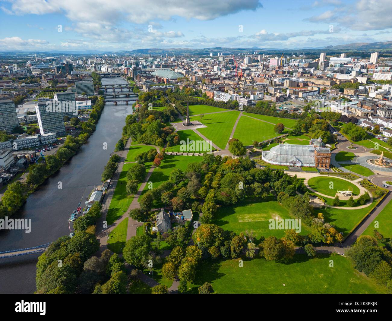 Aerial view of Glasgow Green park beside River Clyde in Glasgow