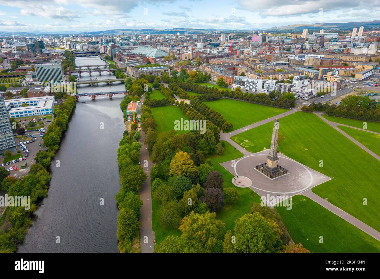 Aerial view of Glasgow Green park beside River Clyde  in Glasgow, Scotland, UK Stock Photo