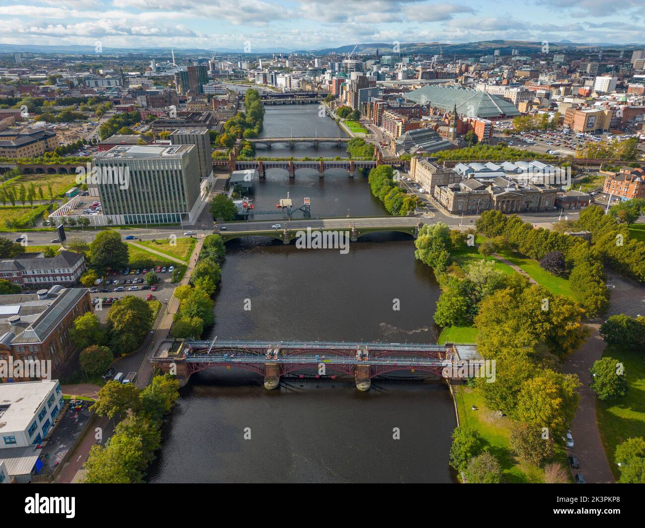 Aerial view of bridges crossing the River Clyde in Glasgow, Scotland