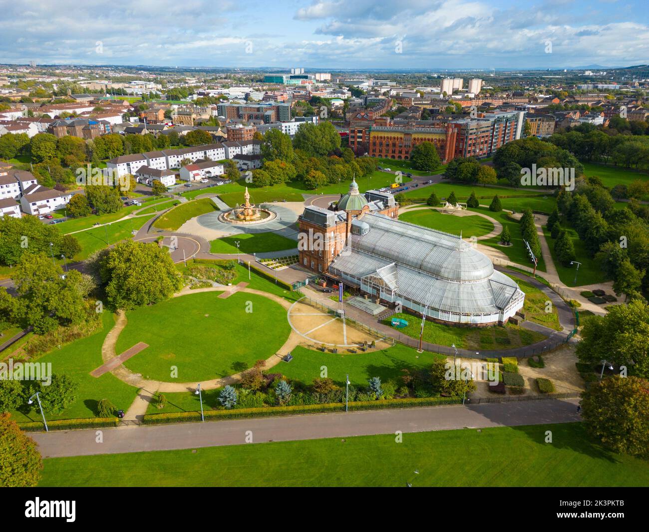 Aerial view of Peoples Palace and Winter Gardens on Glasgow Green park  in Glasgow, Scotland, UK Stock Photo