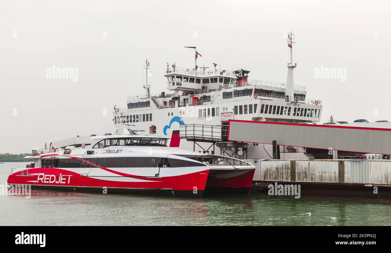 Southampton, United Kingdom - April 23, 2019: Red Jet Fast ferry boat is moored in port of Southampton Stock Photo