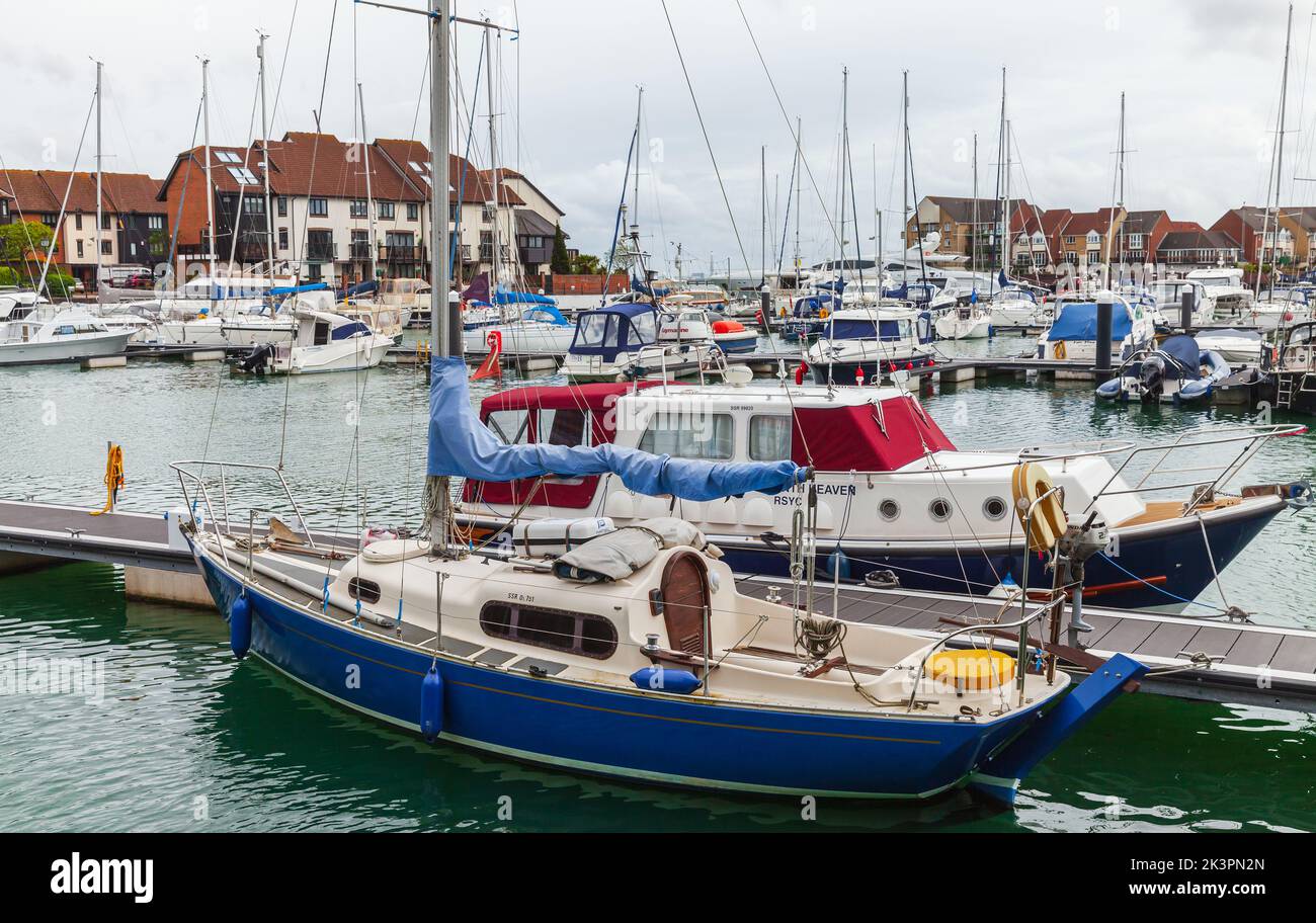 Southampton, United Kingdom - April 24, 2019: Sailing yachts and pleasure boats are moored at the marina Stock Photo