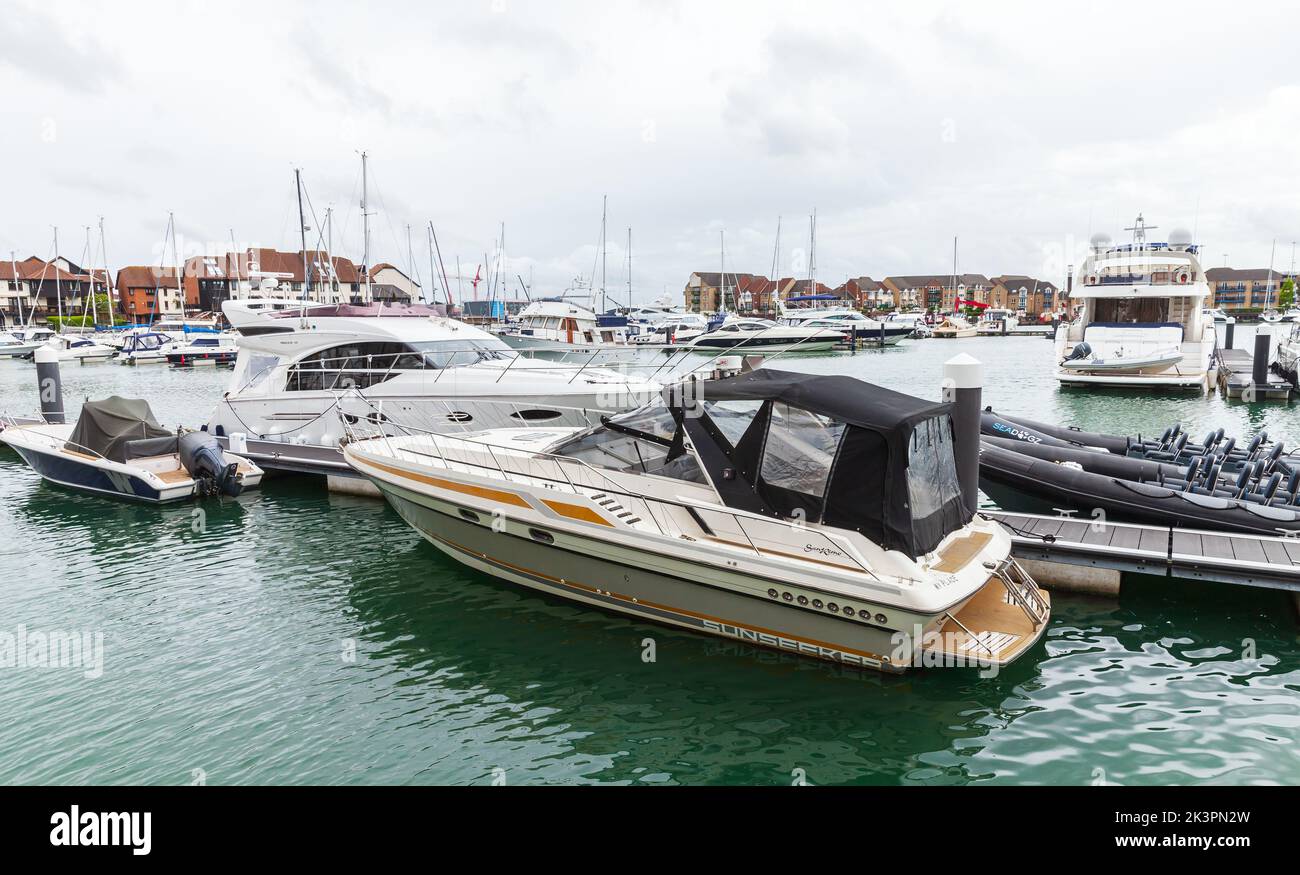 Southampton, United Kingdom - April 24, 2019: Pleasure boats are moored in the marina Stock Photo