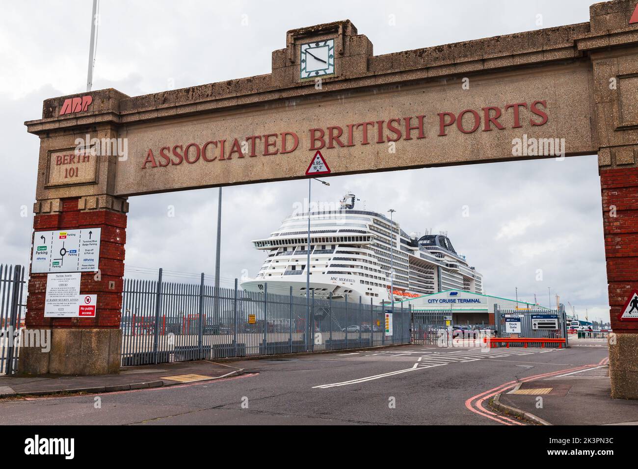 Southampton, United Kingdom - April 24, 2019: Associated British Ports gate. Cruise ship MSC Meraviglia is moored in the port of Southampton at berth Stock Photo