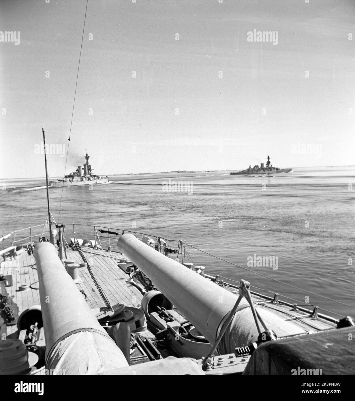 During World war II. The war ship Sverige during navy exercises at sea. The front cannons are visible with other swedish warships visible in the background. Sweden june 1940. Kristoffersson ref 141 Stock Photo