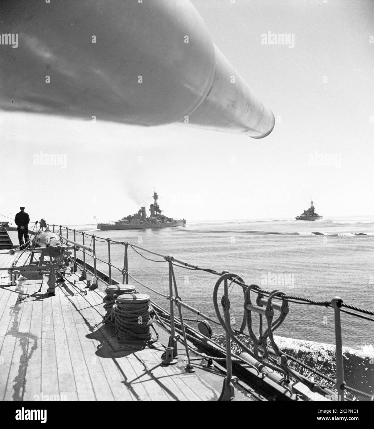 During World war II. The war ship Sverige during navy exercises at sea. The front cannons are visible with other swedish warships visible in the background. Sweden june 1940. Kristoffersson ref 141 Stock Photo