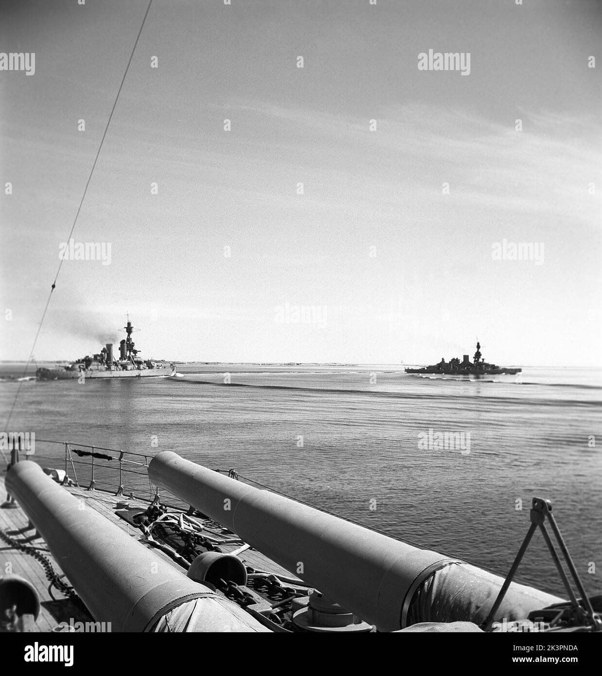 During World war II. The war ship Sverige during navy exercises at sea. The front cannons are visible with other swedish warships visible in the background. Sweden june 1940. Kristoffersson ref 141 Stock Photo