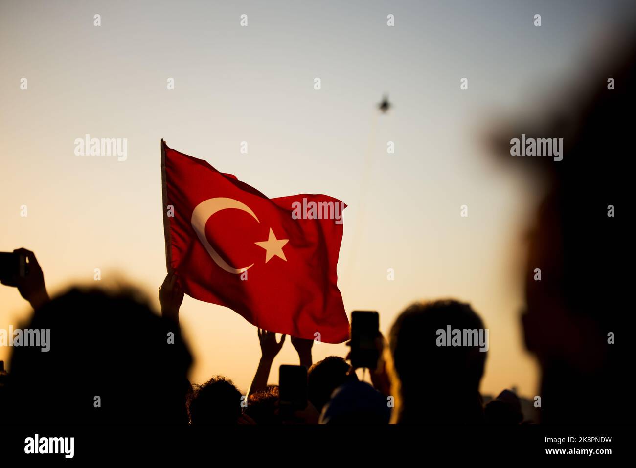 Close up shot of a Turkish flag on sunset on the liberation day of izmir Stock Photo