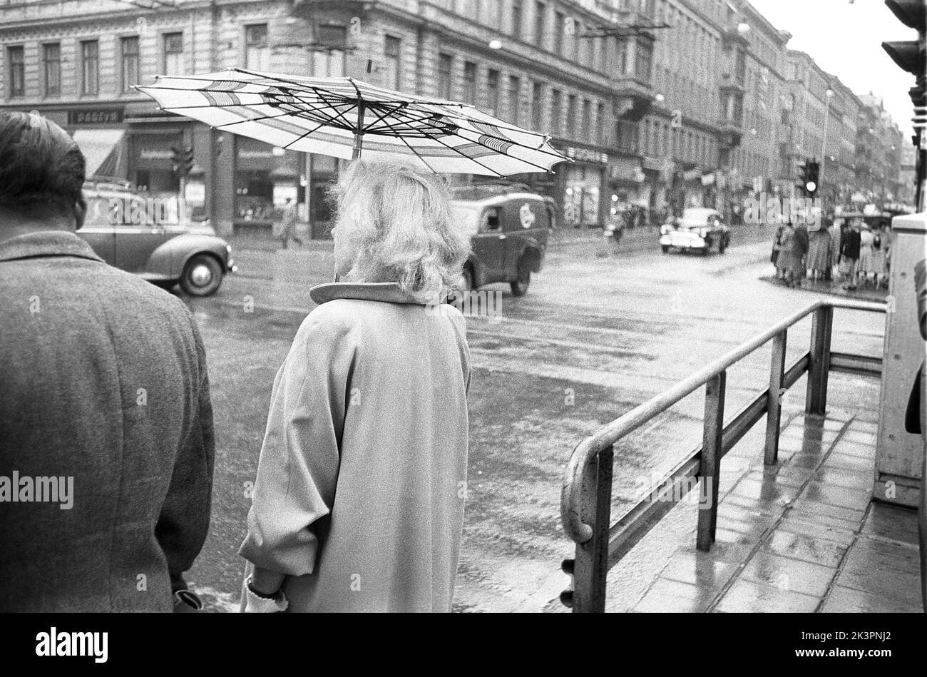 Umbrellas in the 1950s. The rain is pouring and a woman is seen holding an umbrella over herself. It's a rainy day in Stockholm Sweden 1953. ref 2A-1 Stock Photo