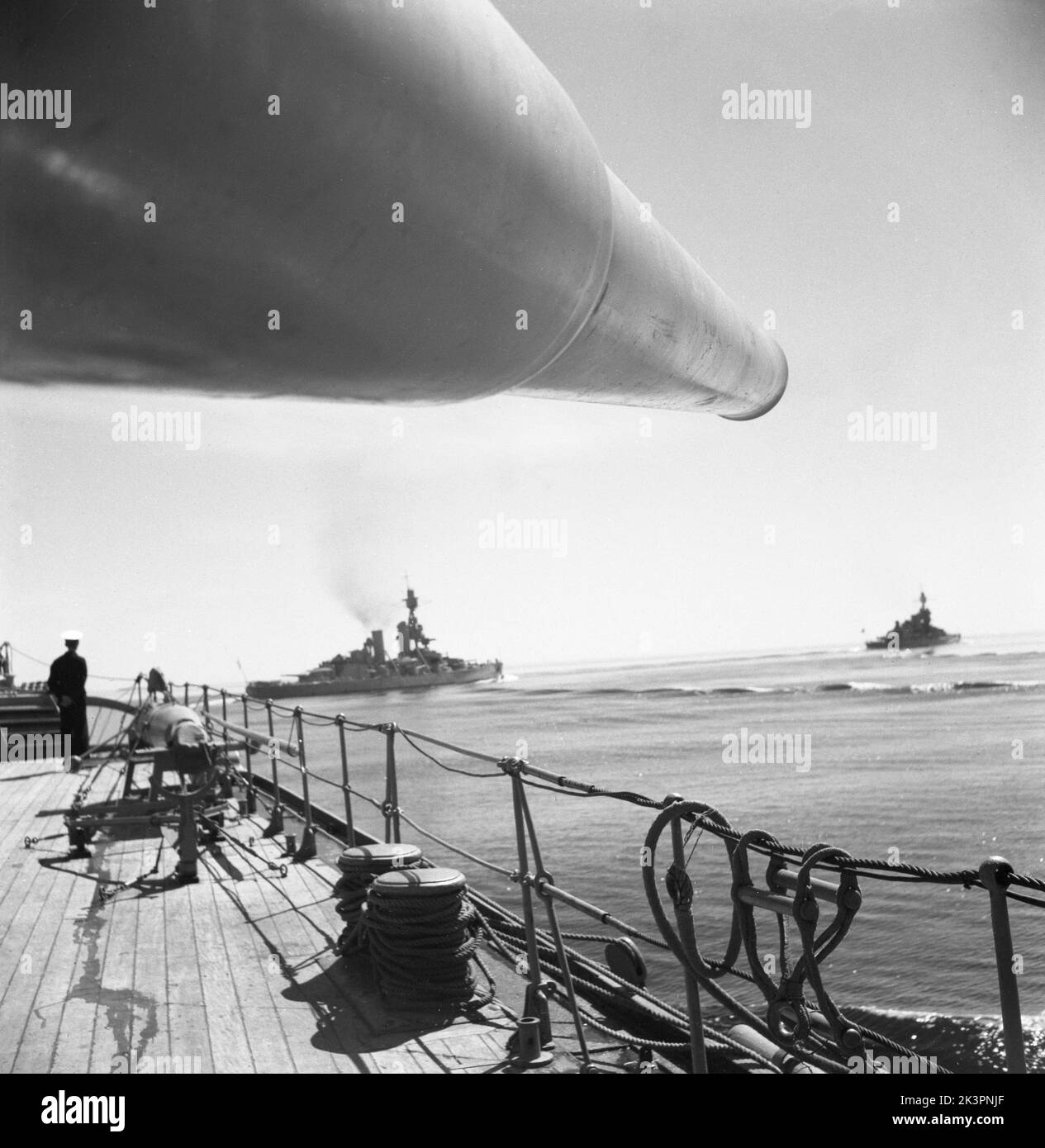 During World war II. The war ship Sverige during navy exercises at sea. The front cannons are visible with other swedish warships visible in the background. Sweden june 1940. Kristoffersson ref 141 Stock Photo