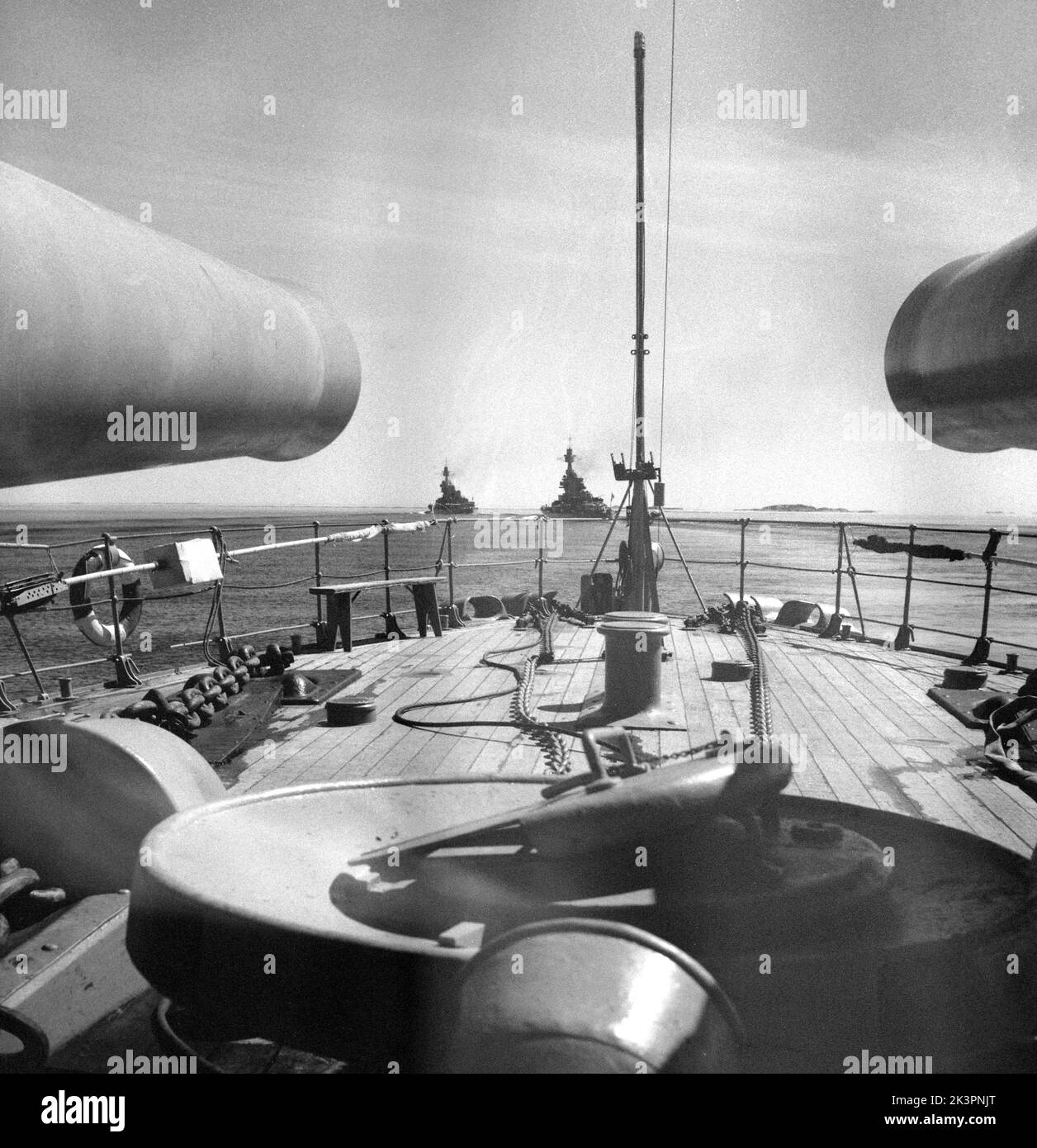 During World war II. The war ship Sverige during navy exercises at sea. The front cannons are visible with other swedish warships visible in the background. Sweden june 1940. Kristoffersson ref 141 Stock Photo