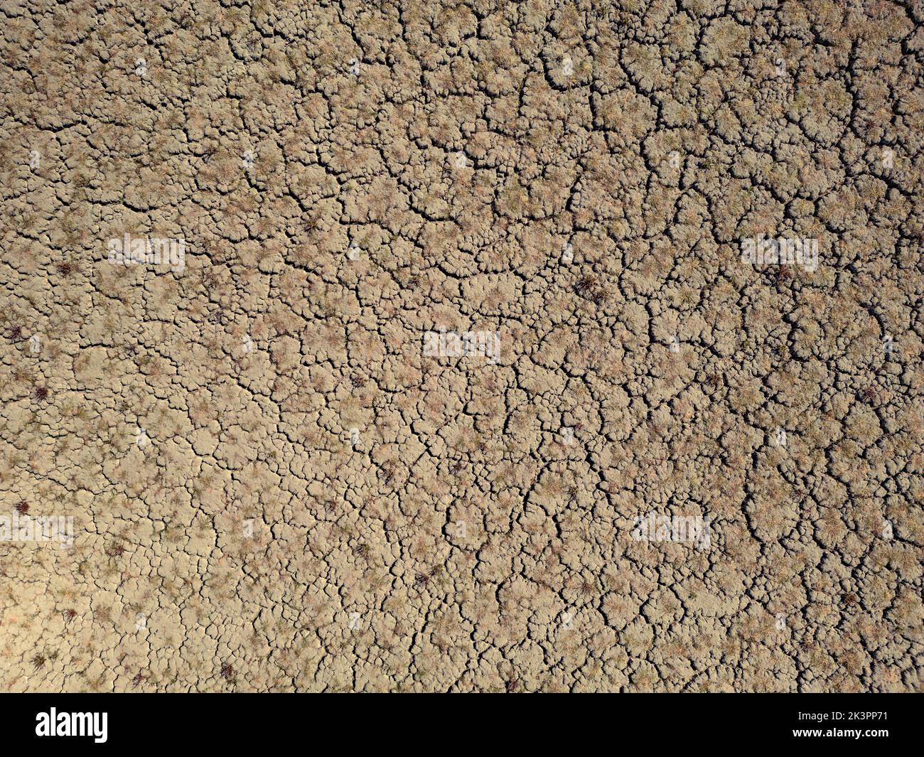 Dry and cracked lake bed due to global warming and drought Stock Photo