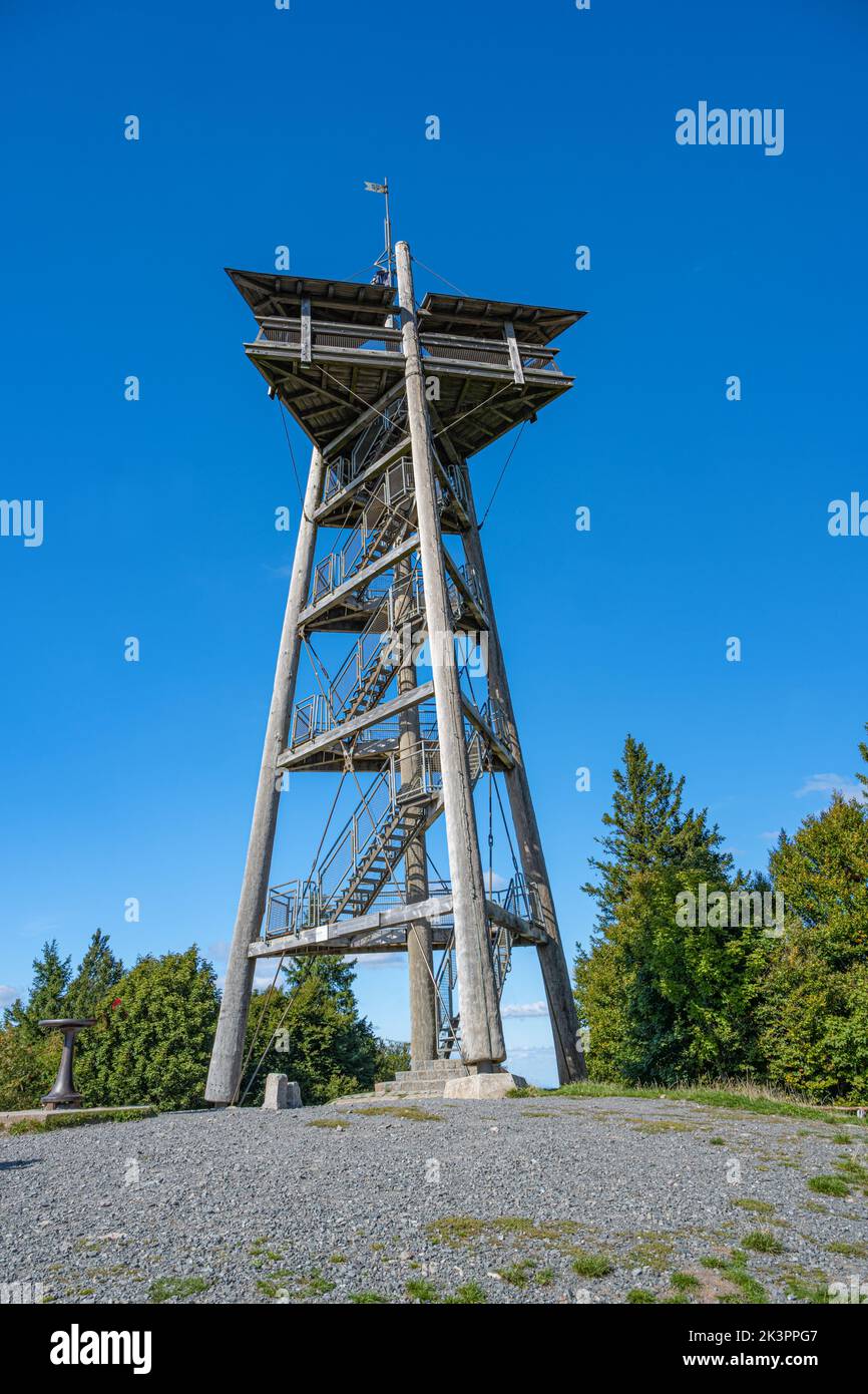 View of the wooden lookout tower Eugen-Keidel-Turm on the top of the Schauinsland mountain (1,284 m) in the Black Forest mountains. Baden Wuerttemberg Stock Photo
