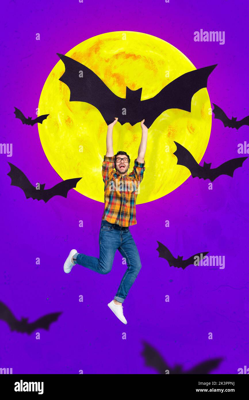 Vertical collage picture of crazy mini guy hold huge flying bat