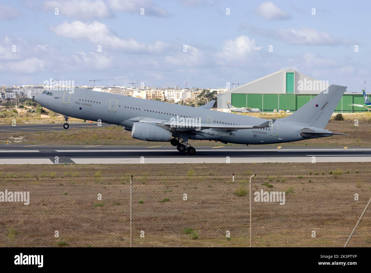 Royal Air Force Airbus A330 Voyager KC2 (A330-243MRTT) (Reg.: ZZ343) taking off from runway 13 in the morning. Stock Photo