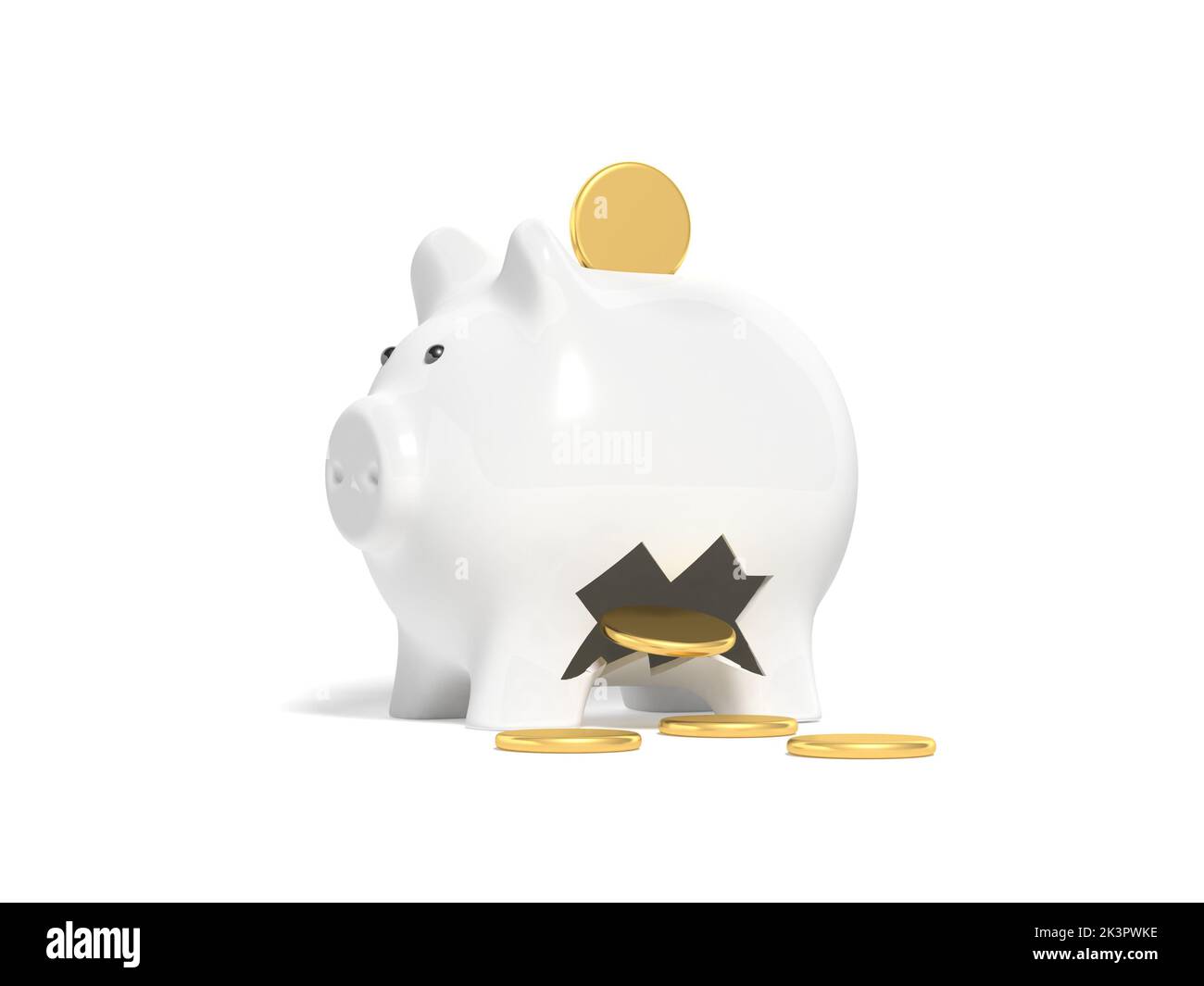 Piggy bank isolated on white background. Money leaking. Gold coins. 3d illustration. Stock Photo