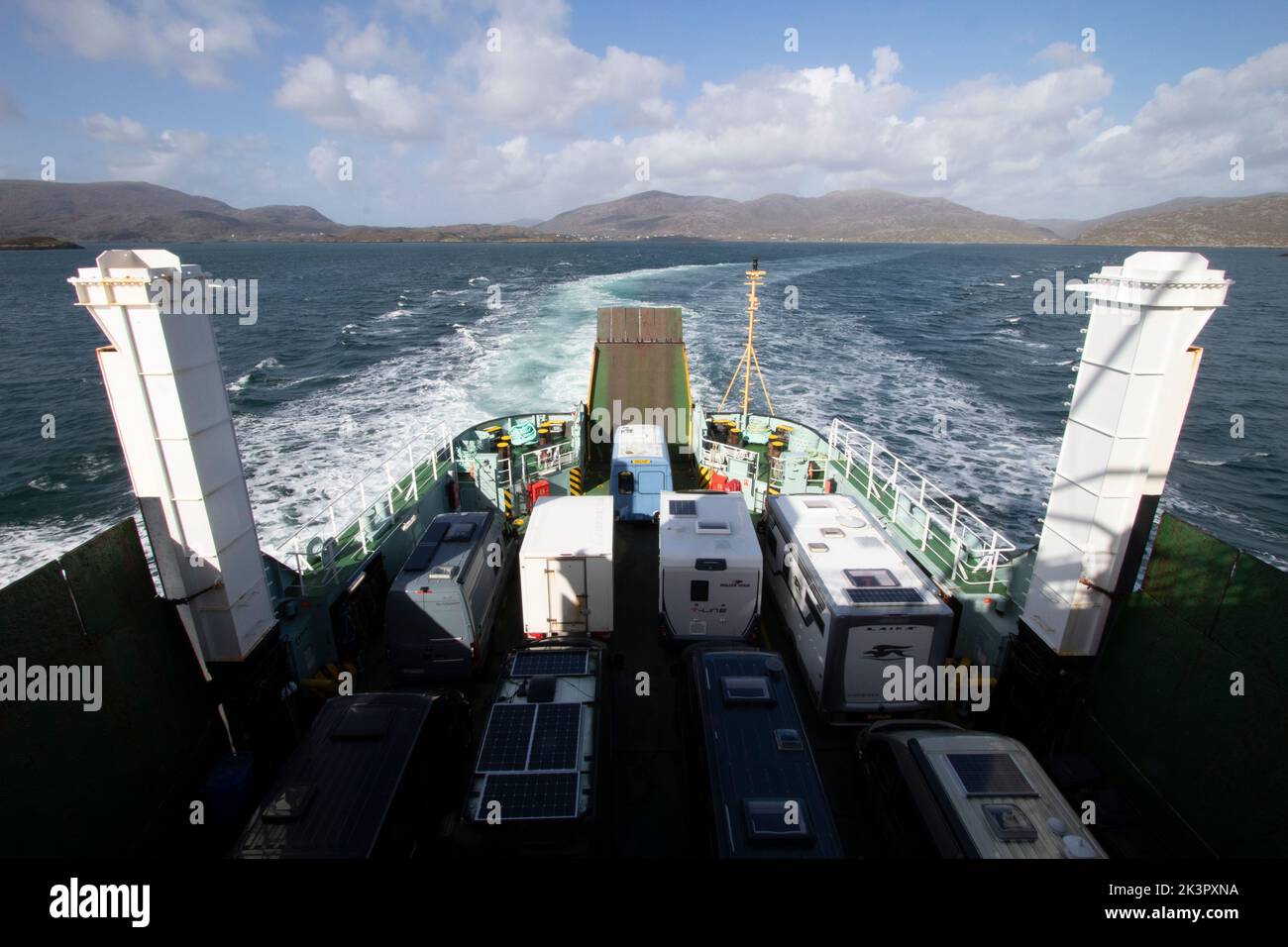 The CalMac Ferry leaving Harris from Tarbert going to the Isle of Skye, Hebrides, Scotland, UK Stock Photo