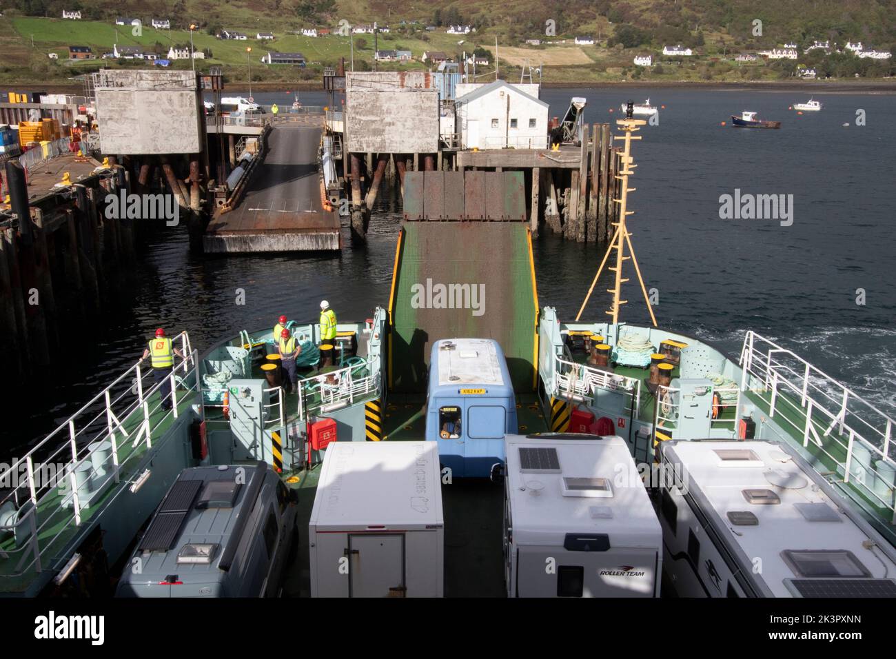 The CalMac Ferry from Tarbert on Harris arriving on the Isle of Skye, Hebrides, Scotland, UK Stock Photo