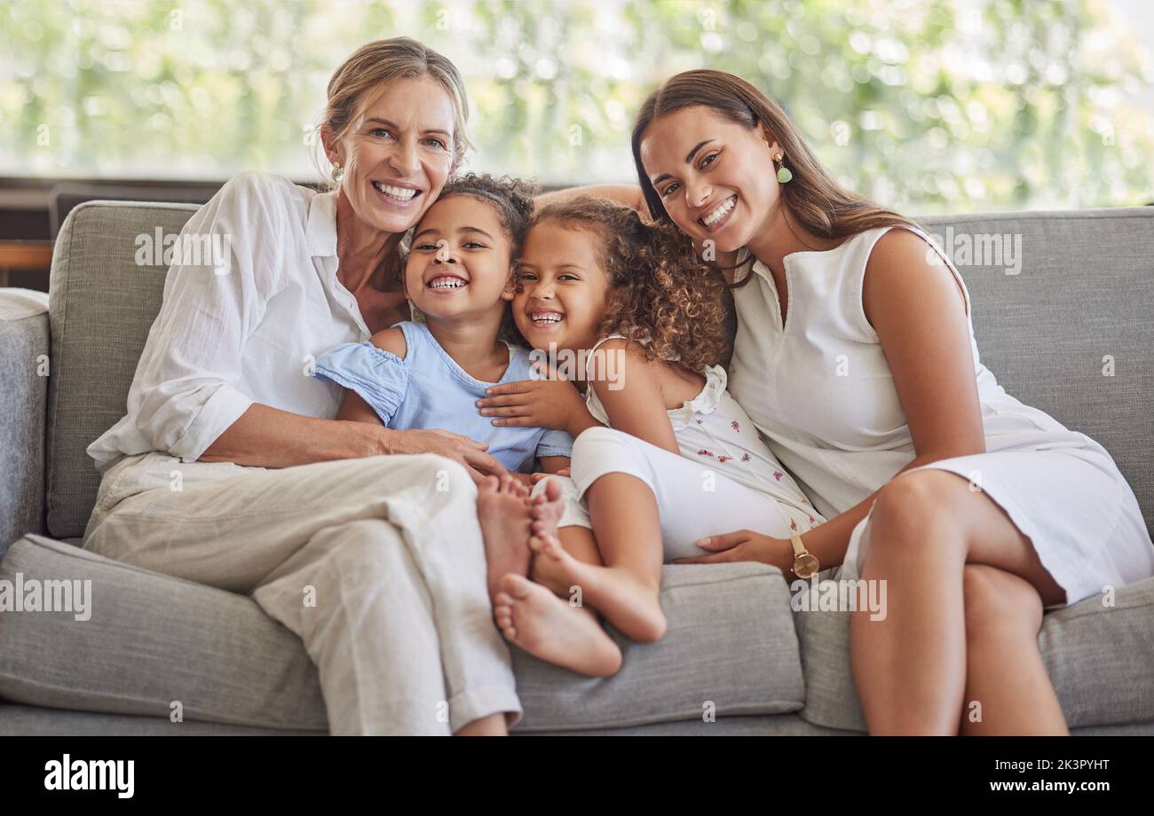 Happy family, grandmother and mom with children in portrait at home hugging and bonding in celebration of mothers day in USA. Smile, mum with kids Stock Photo