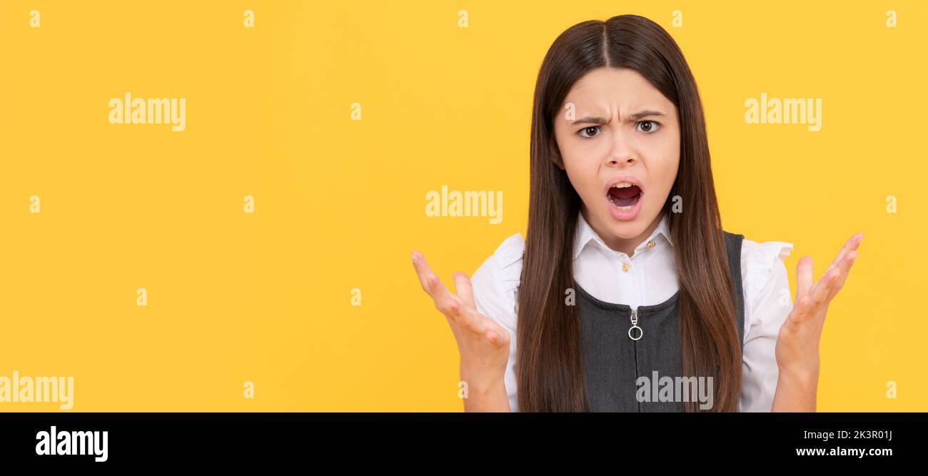 Stressed by school pressure. Unhappy child keep struggling school stress. Child face, horizontal poster, teenager girl isolated portrait, banner with Stock Photo