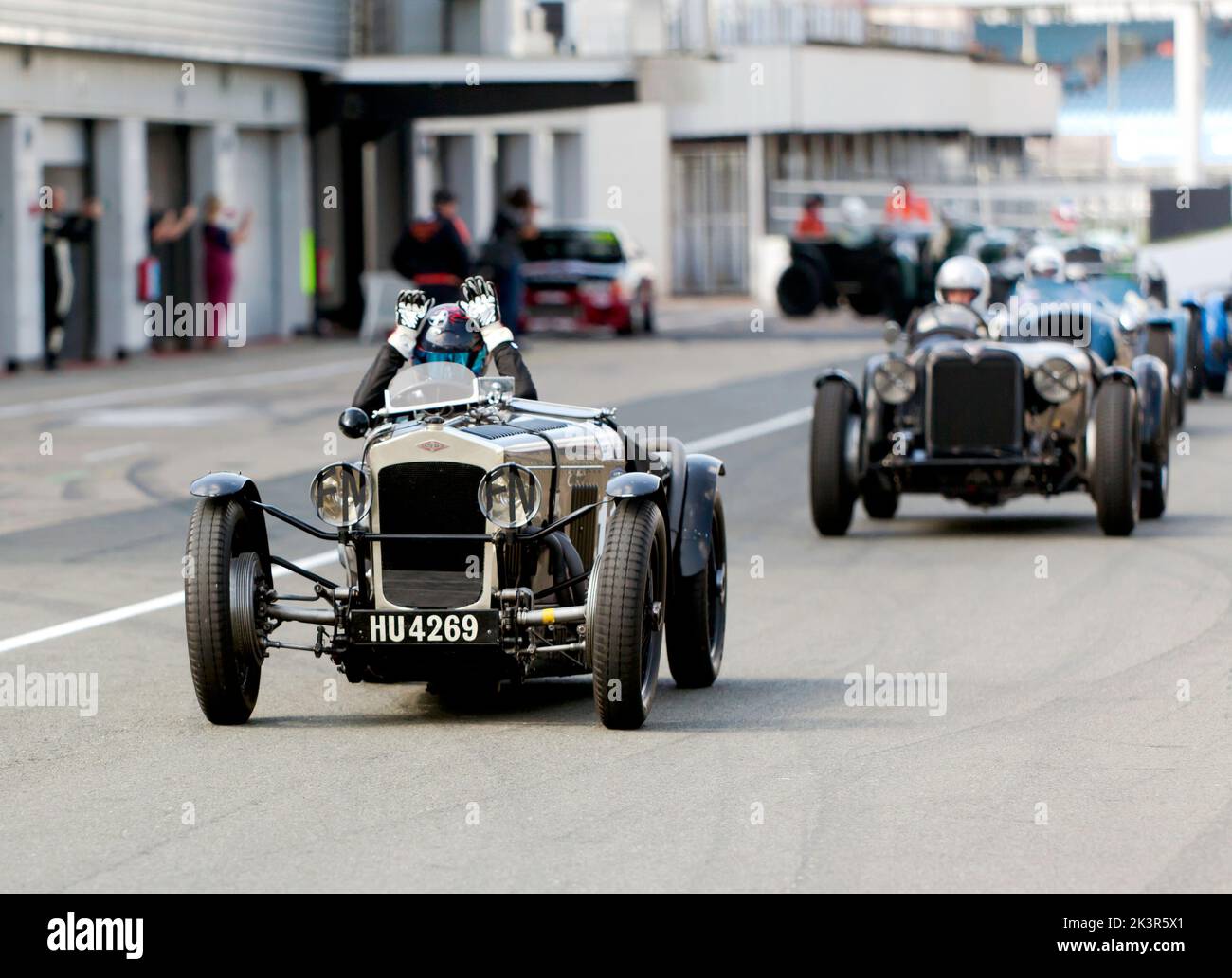 The 1928 Frazer Nash TT Replica Supersport, at the Start of the MRL Pre-War Sports Cars DRDC  500 race, at the 2022 Silverstone Classic Stock Photo
