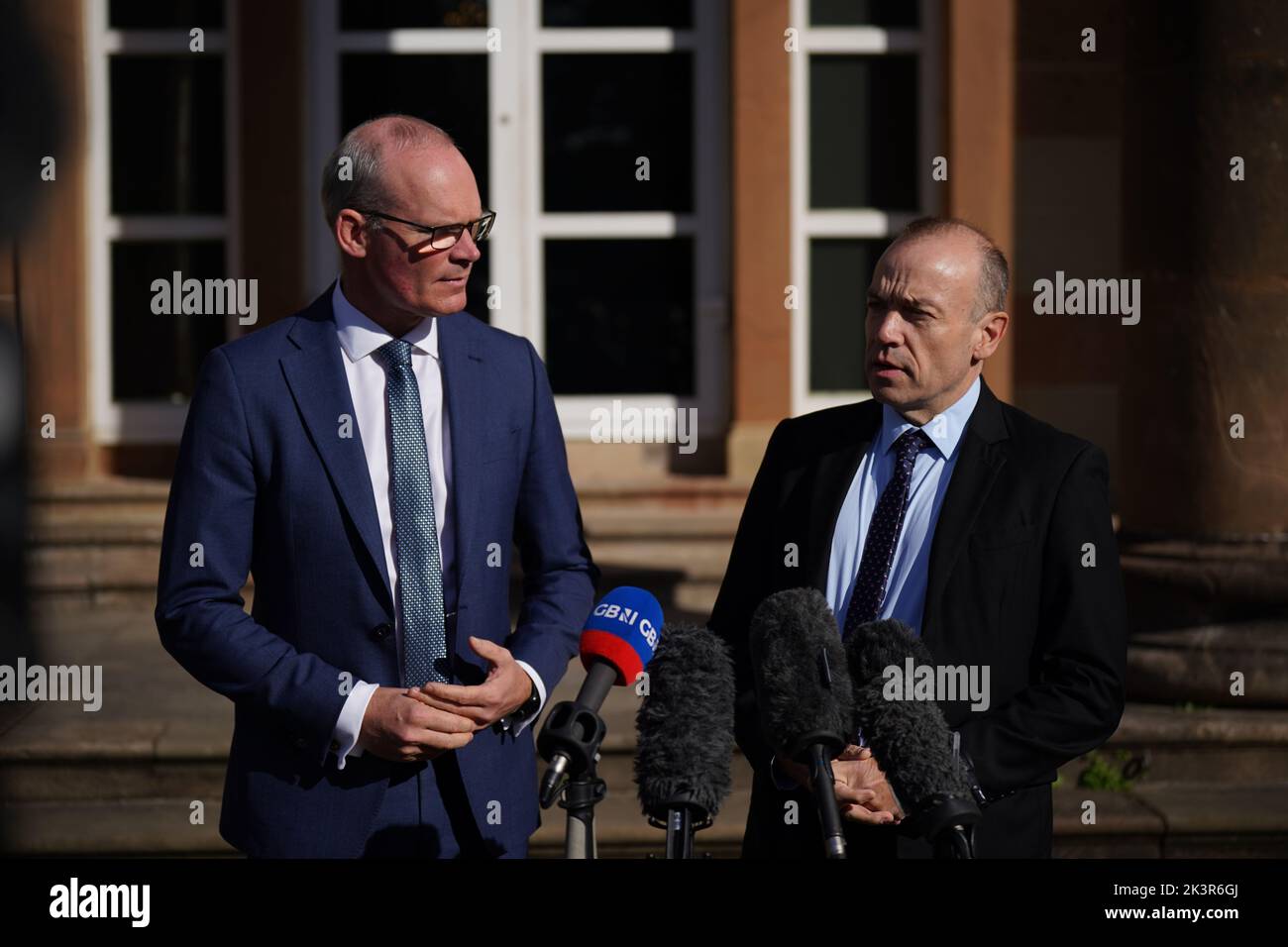 Northern Ireland Secretary Chris Heaton-Harris and Irish Foreign Affairs Minister Simon Coveney during a press conference at Hillsborough Castle, Co Down. Picture date: Wednesday September 28, 2022. Stock Photo