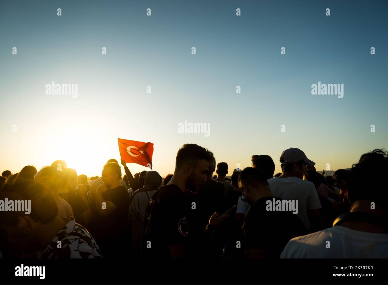 Izmir, Turkey September 9, 2022 A Turkish flag among the Crowded