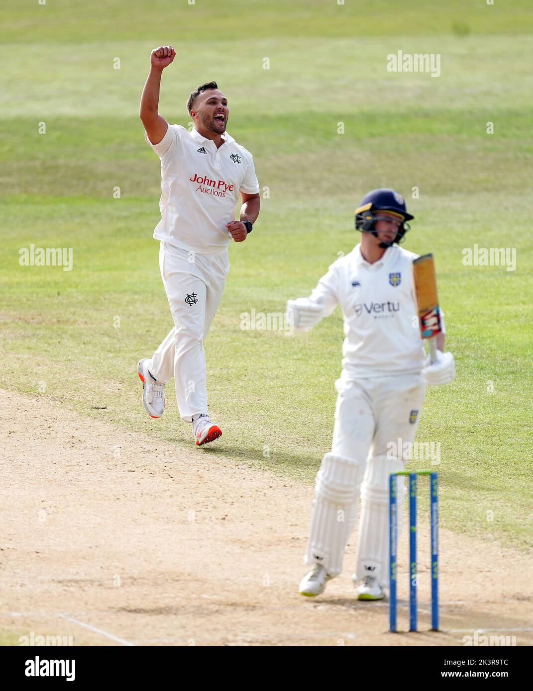 Nottinghamshire's Dane Paterson celebrates taking the wicket of Durham's George Drissell during day three of the LV= Insurance County Championship, Division two match at Trent Bridge, Nottingham. Picture date: Wednesday September 28, 2022. Stock Photo