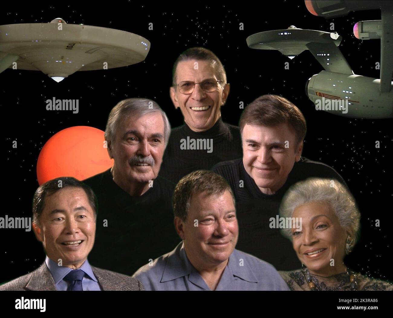 George Takei, James Doohan, William Shatner, Leonard Nimoy, Walter Koenig & Nichelle Nichols Television: Star Trek (2005) Characters: Sulu, Scott, Captain James T. Kirk, Mr. Spock, Chekov, Uhura  01 January 2005   **WARNING** This Photograph is for editorial use only and is the copyright of PARAMOUNT and/or the Photographer assigned by the Film or Production Company and can only be reproduced by publications in conjunction with the promotion of the above Film. A Mandatory Credit To PARAMOUNT is required. The Photographer should also be credited when known. No commercial use can be granted with Stock Photo