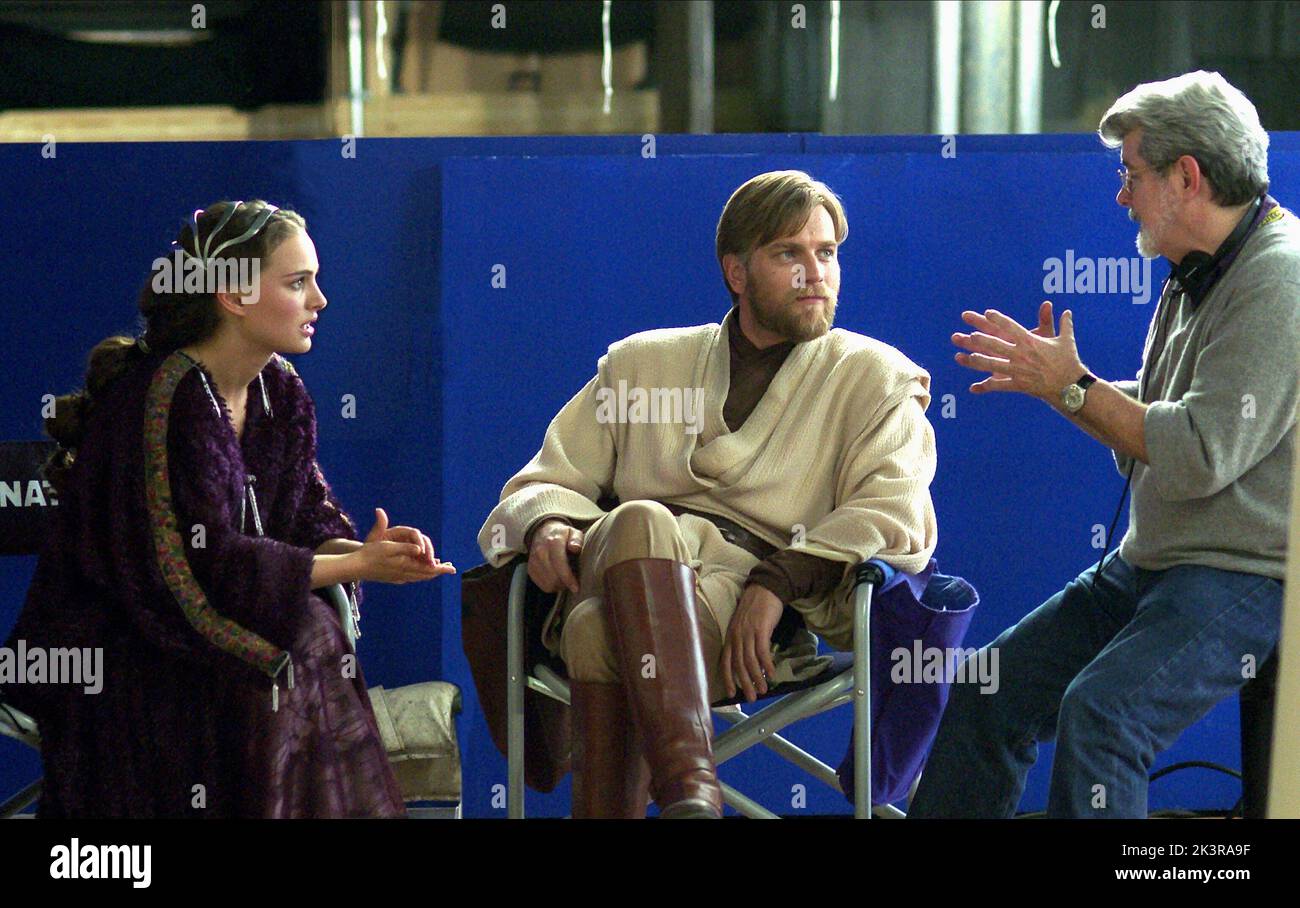 Natalie Portman, Ewan Mcgregor & George Lucas Film: Star Wars: Episode Iii - Revenge Of The Sith (USA 2005) Characters: Padme,Obi-Wan Kenobi & Baron Papanoida  Director: George Lucas 15 May 2005   **WARNING** This Photograph is for editorial use only and is the copyright of LUCASFILM and/or the Photographer assigned by the Film or Production Company and can only be reproduced by publications in conjunction with the promotion of the above Film. A Mandatory Credit To LUCASFILM is required. The Photographer should also be credited when known. No commercial use can be granted without written autho Stock Photo