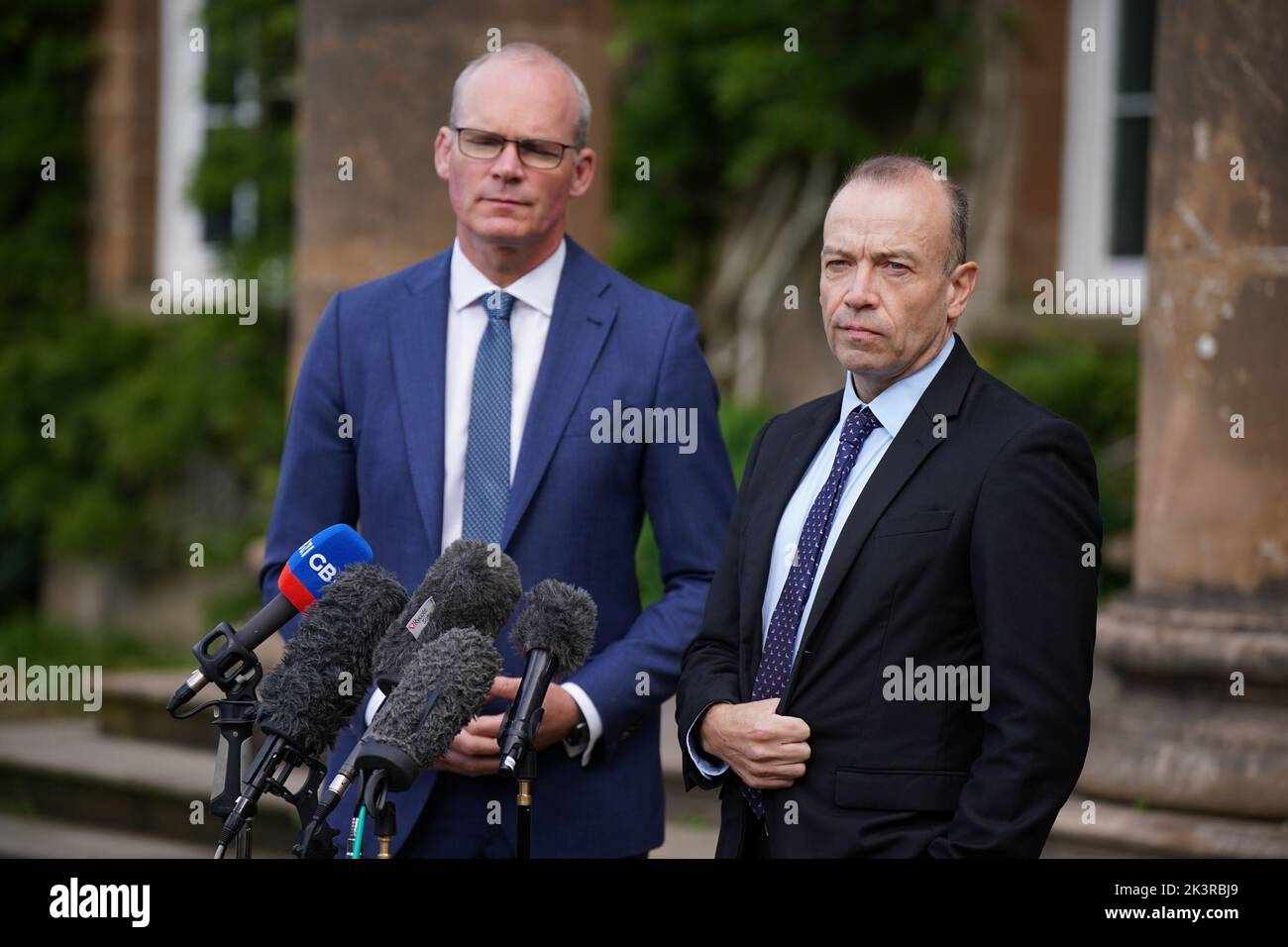 Northern Ireland Secretary Chris Heaton-Harris and Irish Foreign Affairs Minister Simon Coveney during a press conference at Hillsborough Castle, Co Down. Picture date: Wednesday September 28, 2022. Stock Photo