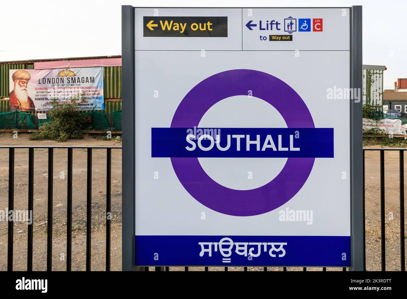 Southall train station sigh at the Elizabeth Line in English and Hindu