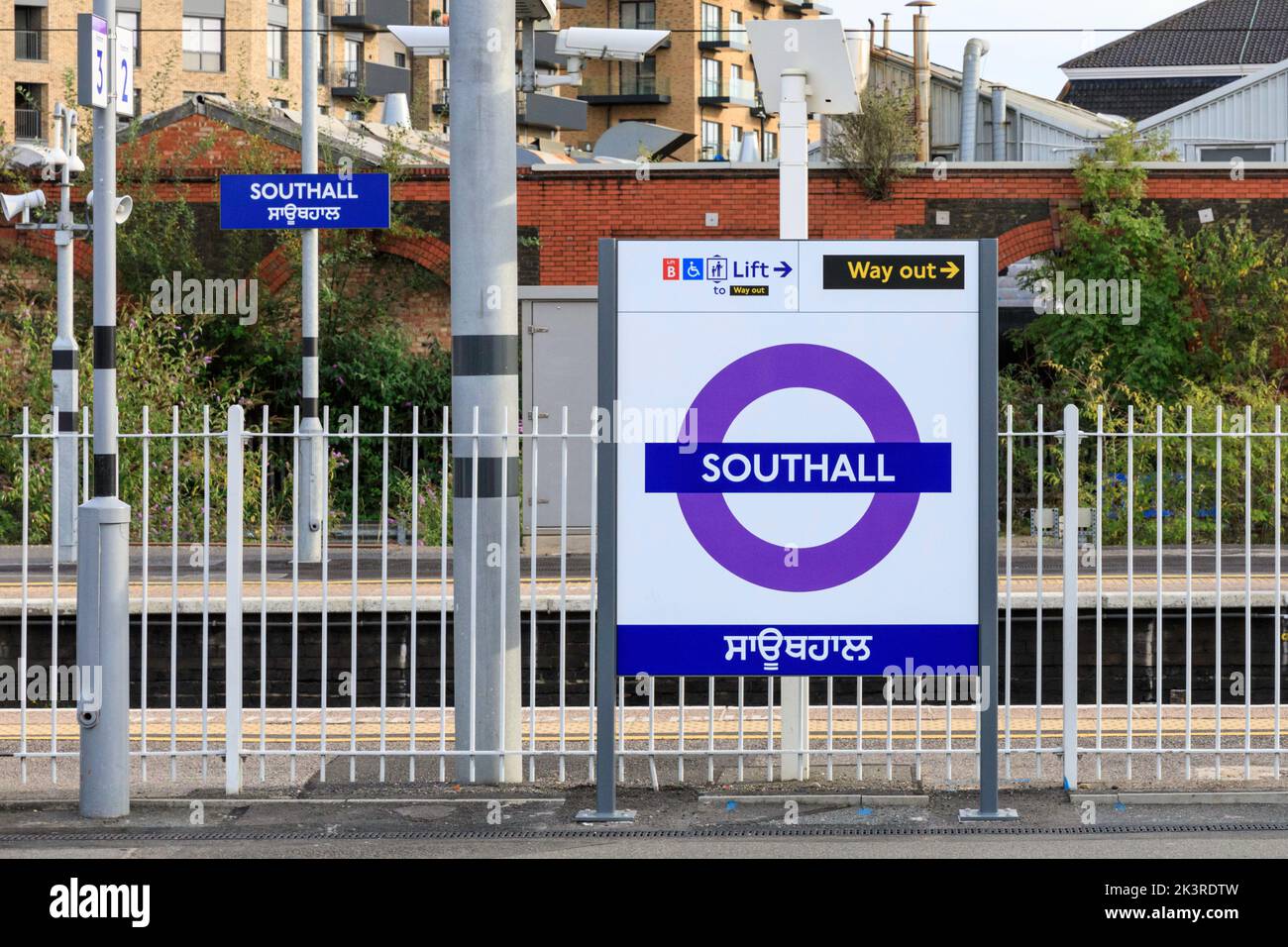 Southall train station sigh at the Elizabeth Line in English and Hindu, Southall, London, England, UK Stock Photo