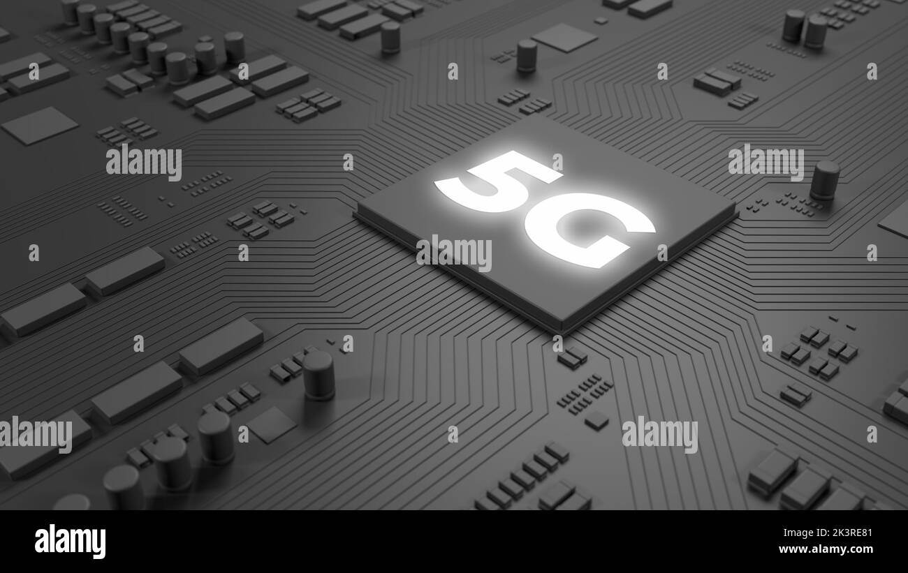 5G chip. Dark gray chip on circuit board. Technology background. 5g network. 3d illustration. Stock Photo
