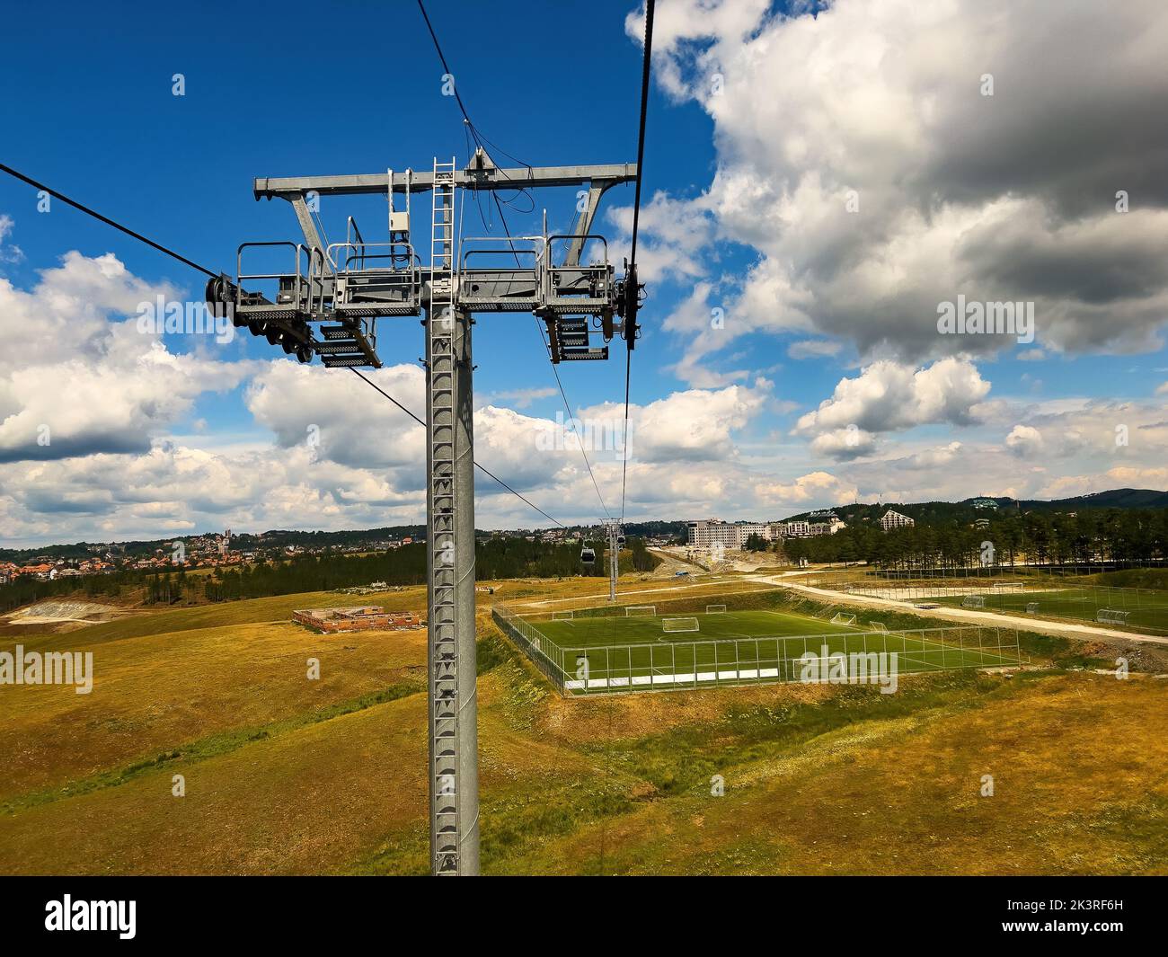 Gondola cable car pylon and wires on Zlatibor, aerial view Stock Photo