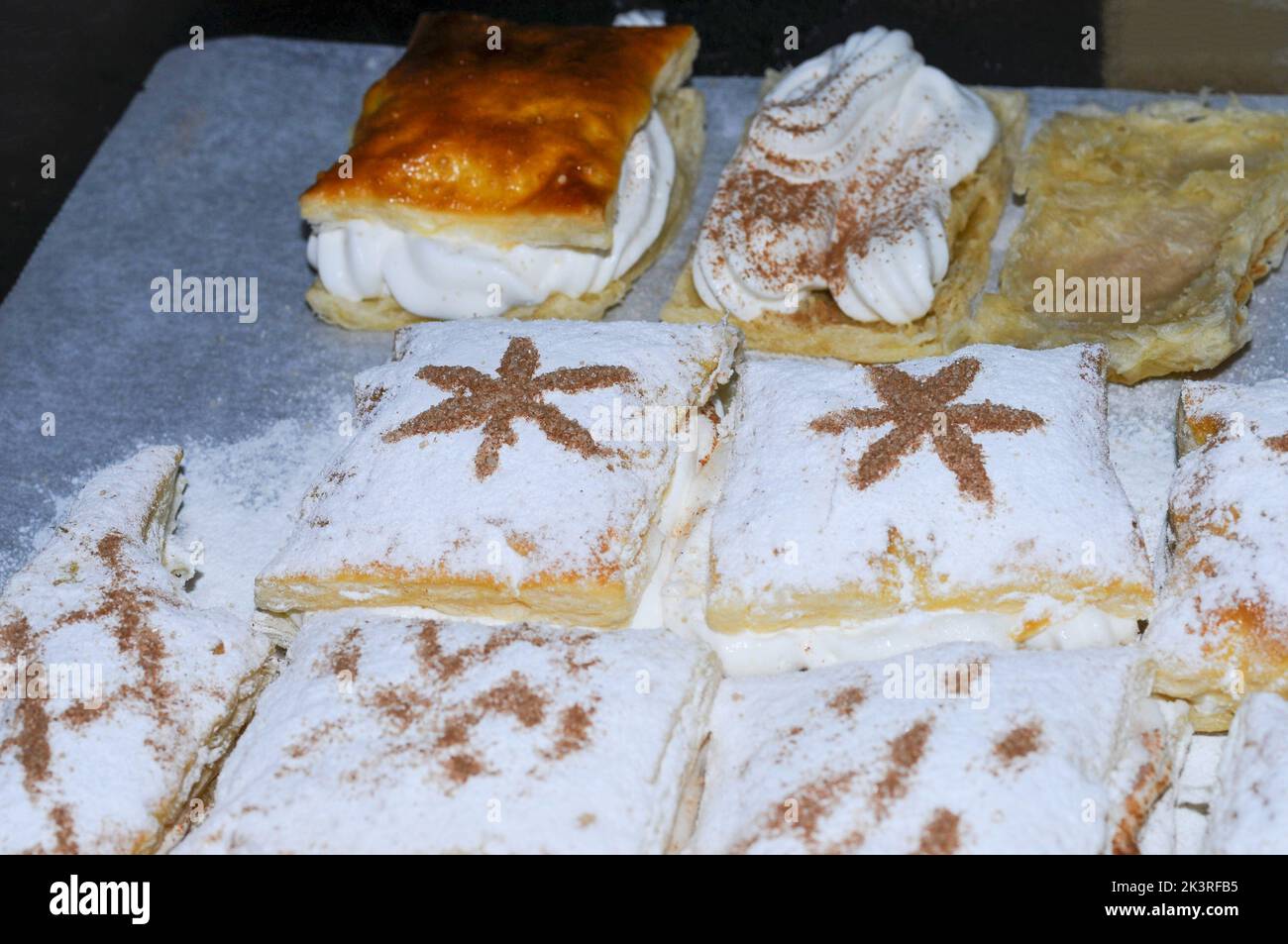 Detail on a costrada or mille-feuille stuffed with cream. traditional dessert. Stock Photo