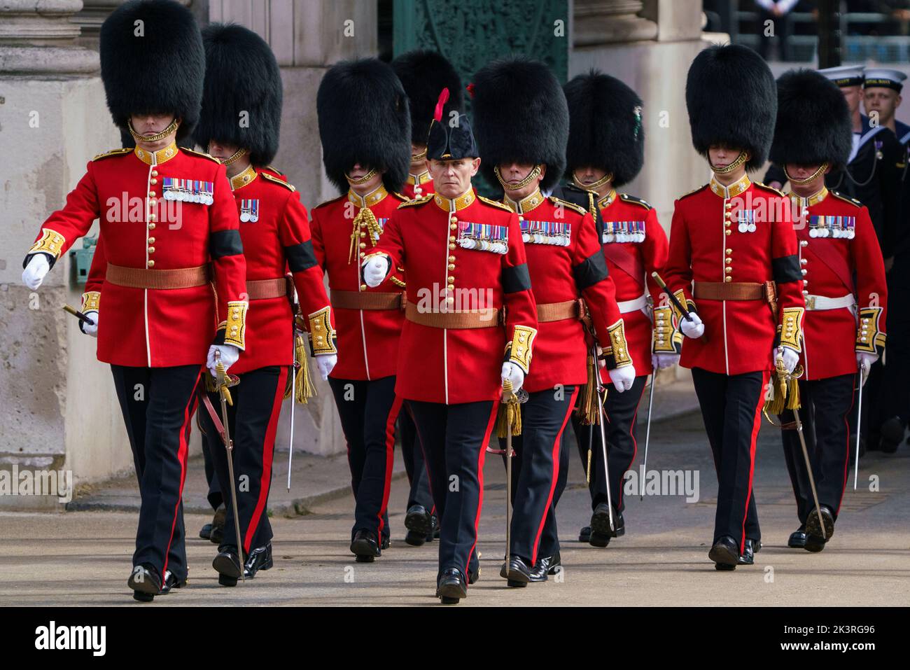 LONDON - SEPTEMBER 19: Officers from the British Guards regiments at the State Funeral of Queen Elizabeth II on September 19, 2022. The Foot Guards are the Regular Infantry regiments of the Household Division of the British Army. They are the Grenadier Guards, Coldstream Guards, Scots Guards, Irish Guards, Welsh Guards Photo: David Levenson/Alamy Stock Photo