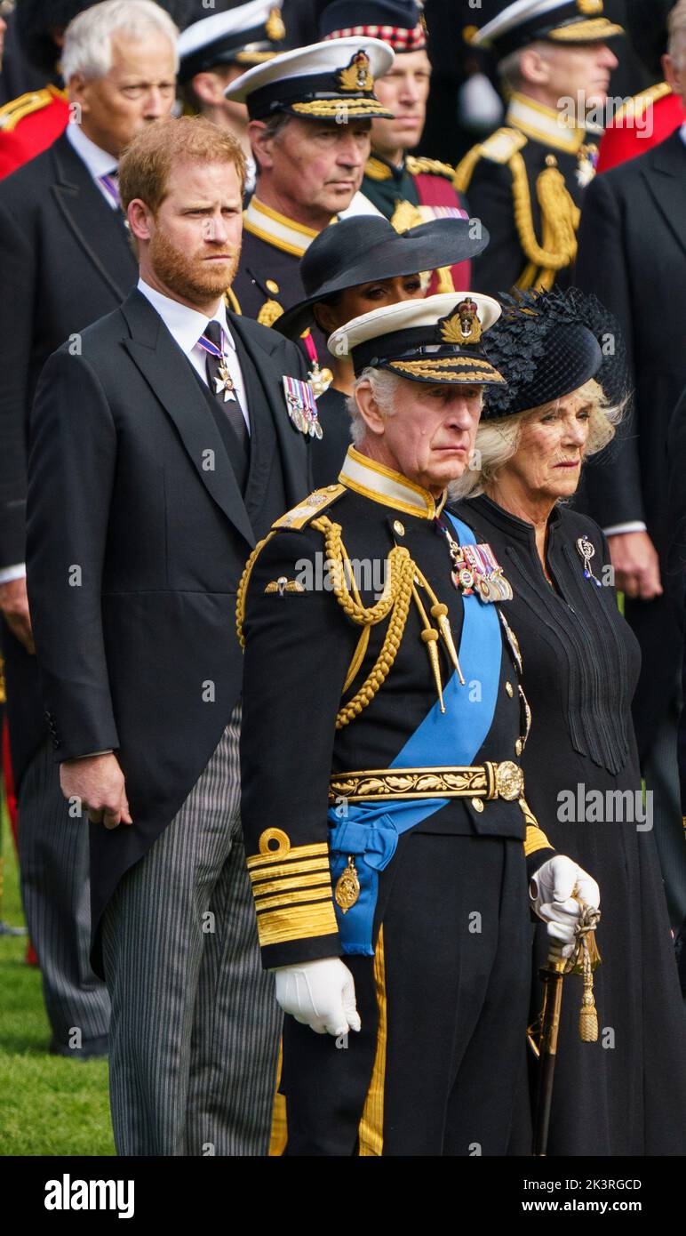 LONDON - SEPTEMBER 19: King Charles III, Camilla, Queen Consort, Prince Harry, Duke of Sussex, Meghan, Duchess of Sussex, at he State Funeral of Queen Elizabeth II on September 19, 2022.  Photo: David Levenson/Alamy Stock Photo