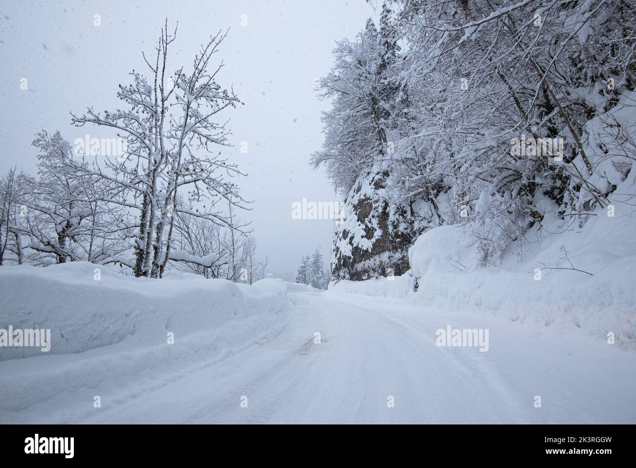 Road in forest with covered snow. Winter time. Landscape. snow-covered mountain forest road Stock Photo