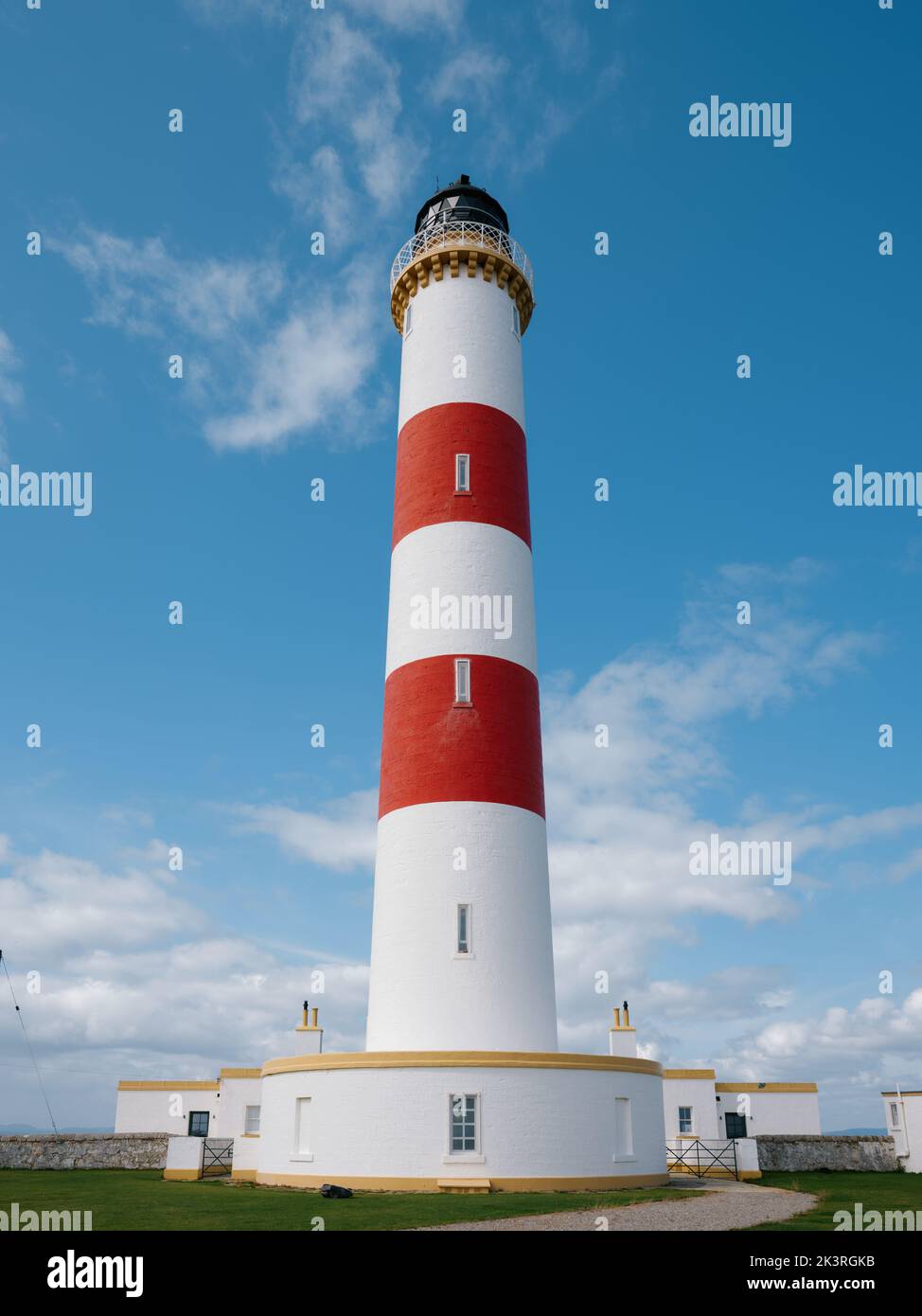 The red and white striped Tower Tarbat Ness Lighthouse, Tarbat Ness, Tain & Easter Ross, Cromartyshire, Scotland UK Stock Photo