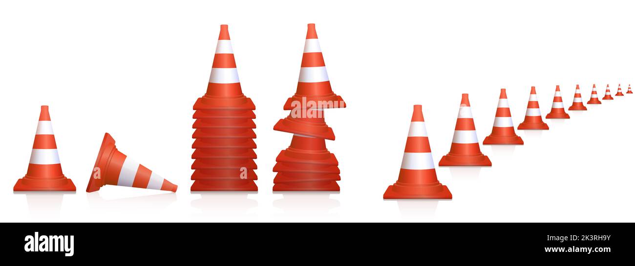 Traffic cones, upright and fallen, neatly and messily stacked and regularly lined up pylons for regulation of traffic on roads or highways. Stock Photo