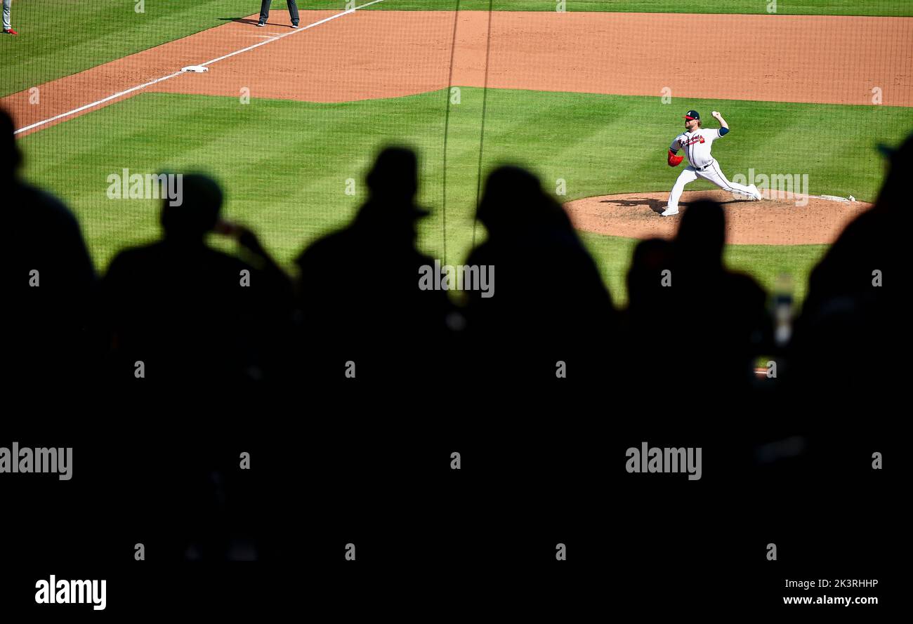 September 18, 2022: Atlanta Braves pitcher A.J. Minter delivers a pitch during the eighth inning of a MLB game against the Philadelphia Phillies at Truist Park in Atlanta, GA. Austin McAfee/CSM Stock Photo