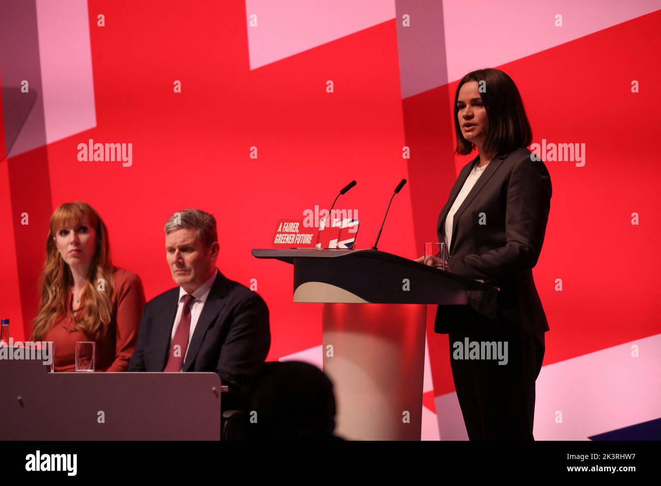 Belarus opposition leader Sviatlana Tsikhanouskaya speaks next to British Labour Party leader Keir Starmer and Deputy leader of the Labour Party Angela Rayner, at Britain's Labour Party annual conference in Liverpool, Britain, September 28, 2022. REUTERS/Phil Noble Stock Photo